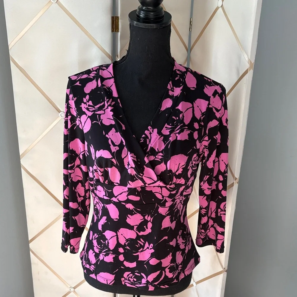 INC International Concepts Black and Pink Floral Blouse Size L - Picture 1 of 7